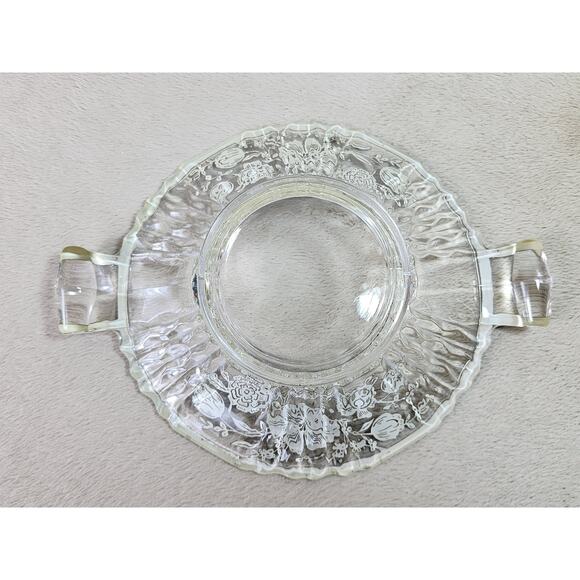 Candy Dish Clear Glass w/ handles 7 3/4" Black Floral Design Black Trim 60s Vtg - Picture 9 of 11